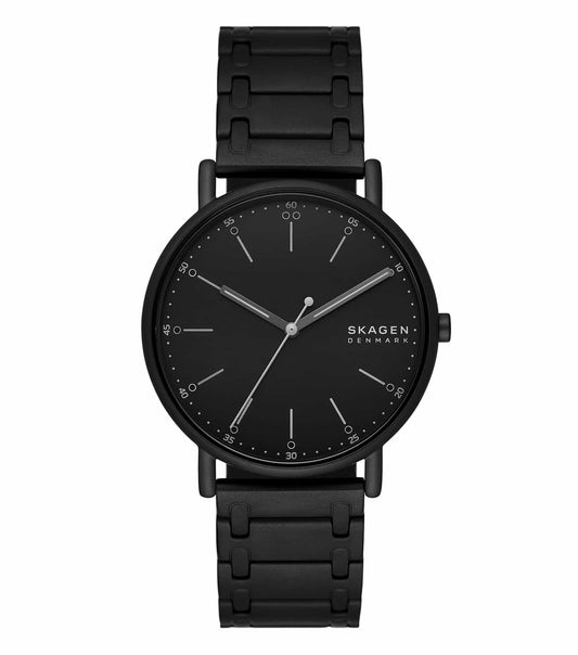 Skagen black watch, modern minimalistic design, showcased at a 40-degree angle, ideal for style enthusiasts.