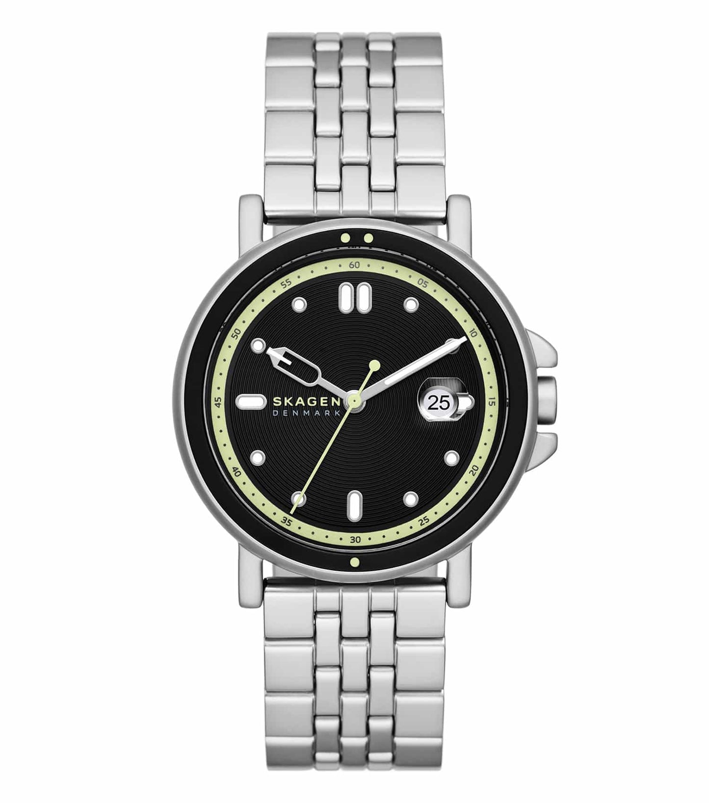 Skagen watch with a grayish-blue dial and minimalist design, showcasing at a three-quarter front angle against a light backdrop.