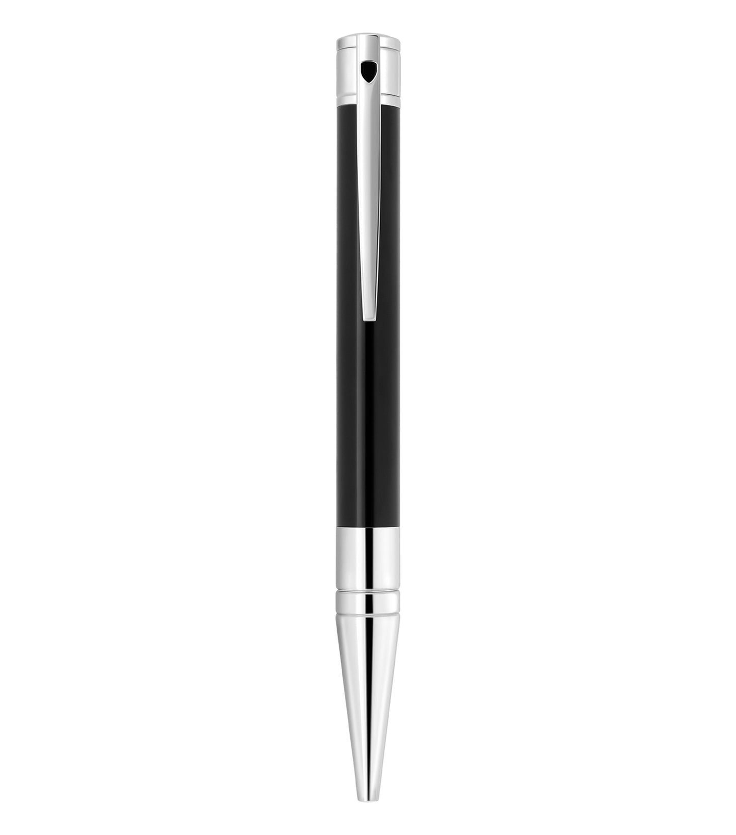 S.T. Dupont D-initial pen, black & chrome, passion for elegance, side angle view, sophisticated contour, polished design