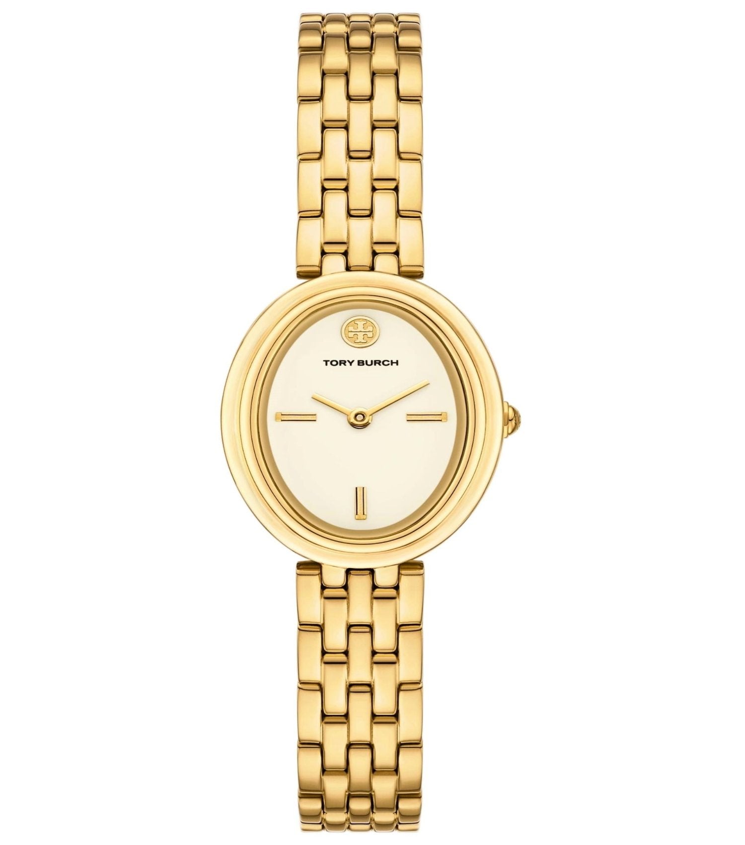 Tory Burch watch in neutral tone with sleek round dial, brand logo detail, side view showcasing elegant minimalist design.