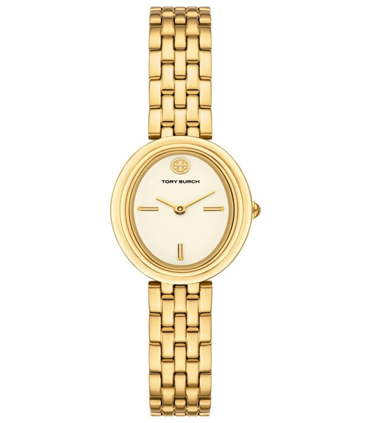 Tory Burch watch in neutral tone with sleek round dial, brand logo detail, side view showcasing elegant minimalist design.