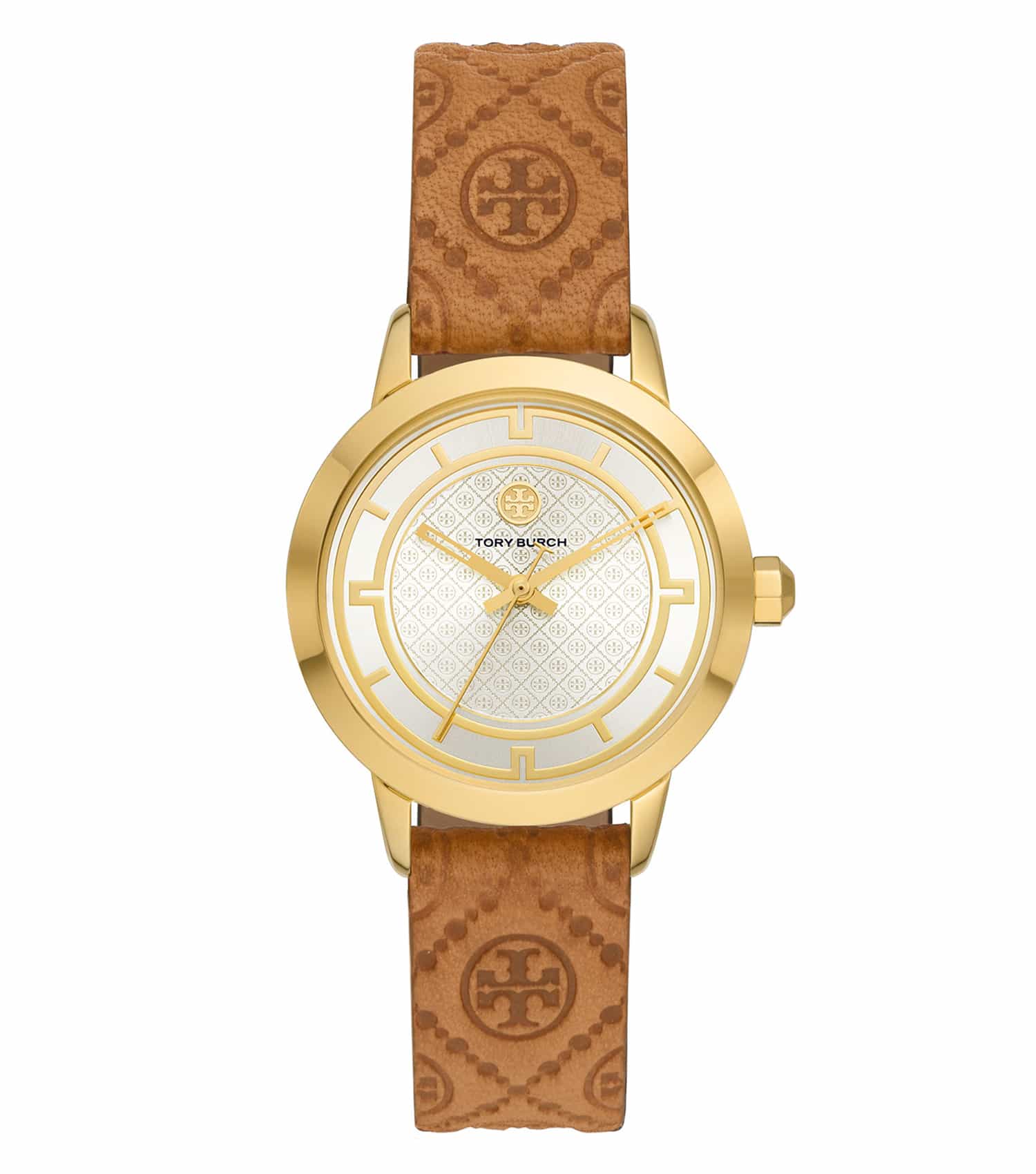 Tory Burch quartz watch featuring a classic round face and sleek design, shown from a side angle with a minimalist style.