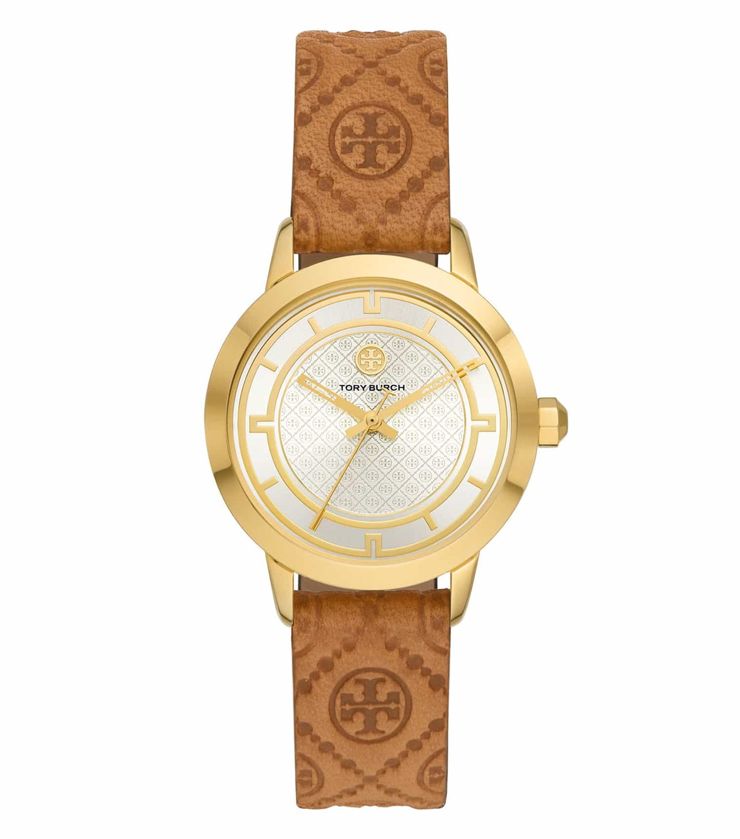 Tory Burch quartz watch featuring a classic round face and sleek design, shown from a side angle with a minimalist style.
