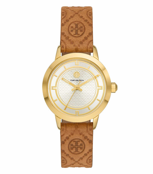 Tory Burch quartz watch featuring a classic round face and sleek design, shown from a side angle with a minimalist style.