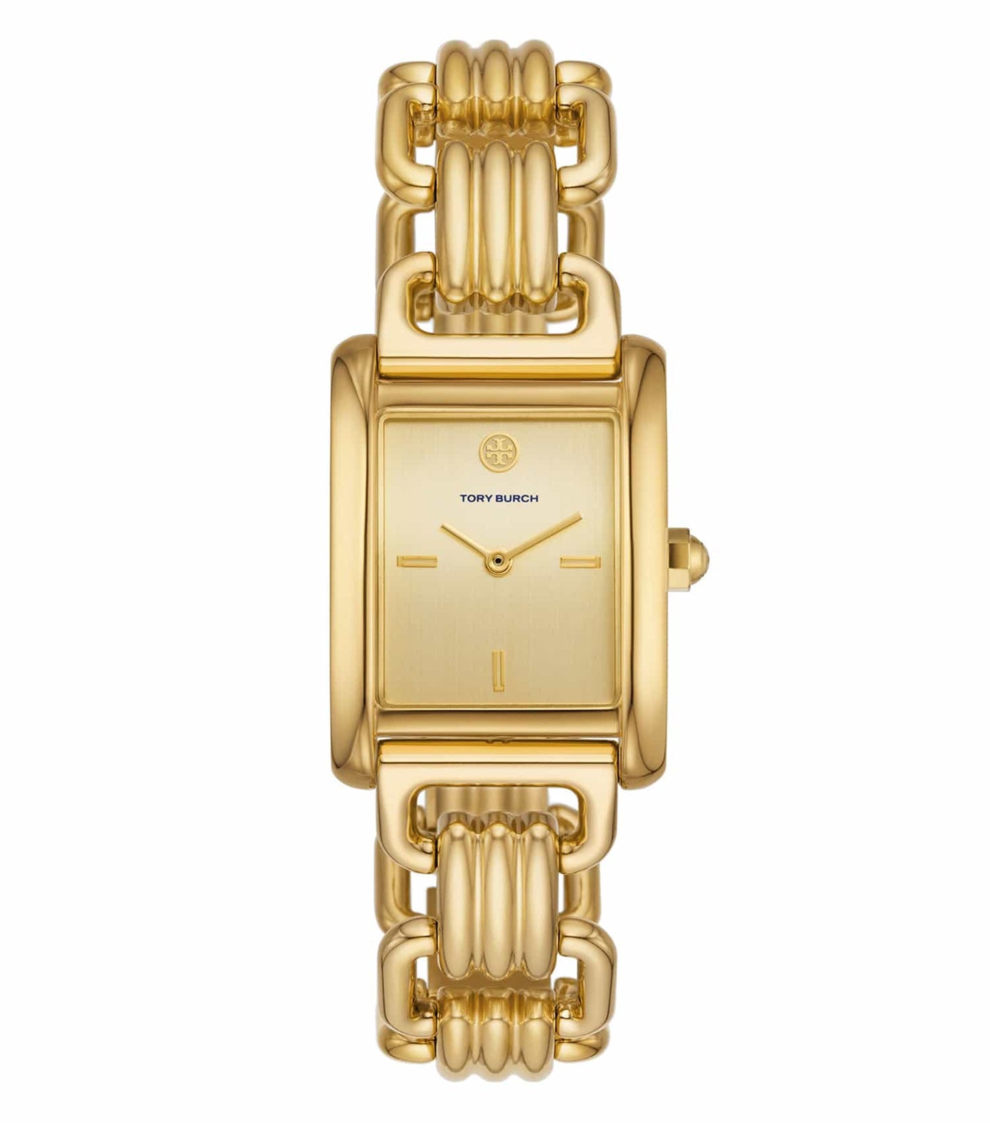 Tory Burch quartz watch in elegant design, showcasing a gold-tone face at a captivating 45-degree angle, luxury timepiece.