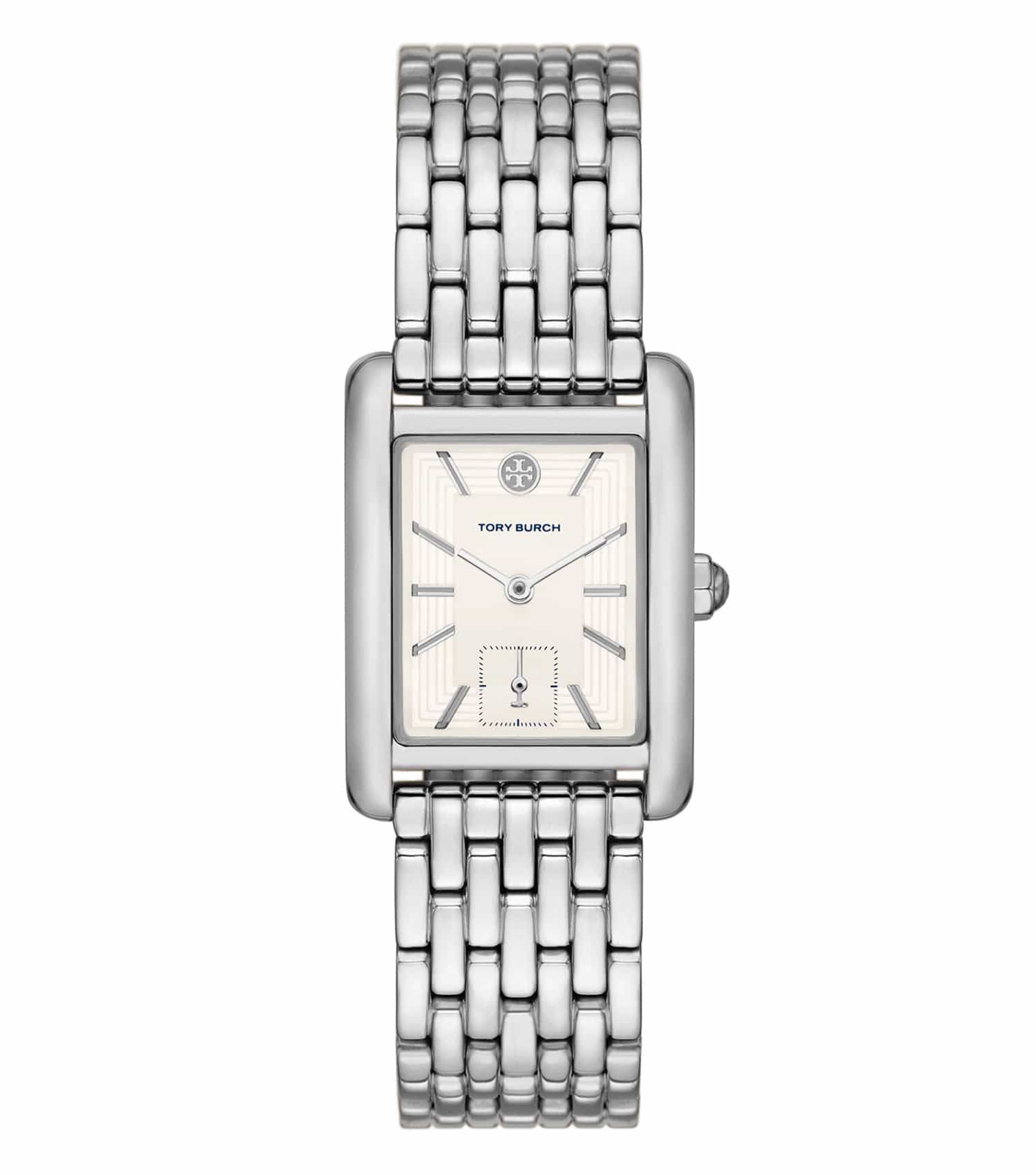 Tory Burch elegant quartz-colored watch angled slightly forward showcasing its intricate face design and luxurious leather strap.