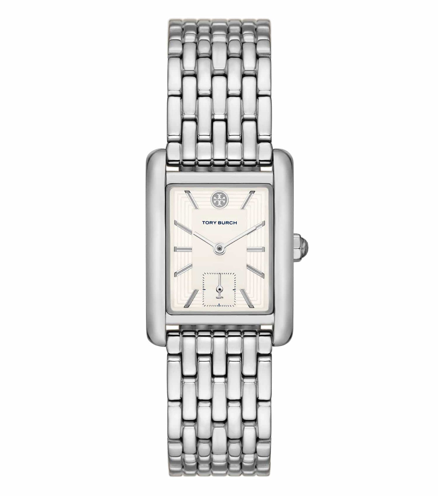 Tory Burch elegant quartz-colored watch angled slightly forward showcasing its intricate face design and luxurious leather strap.