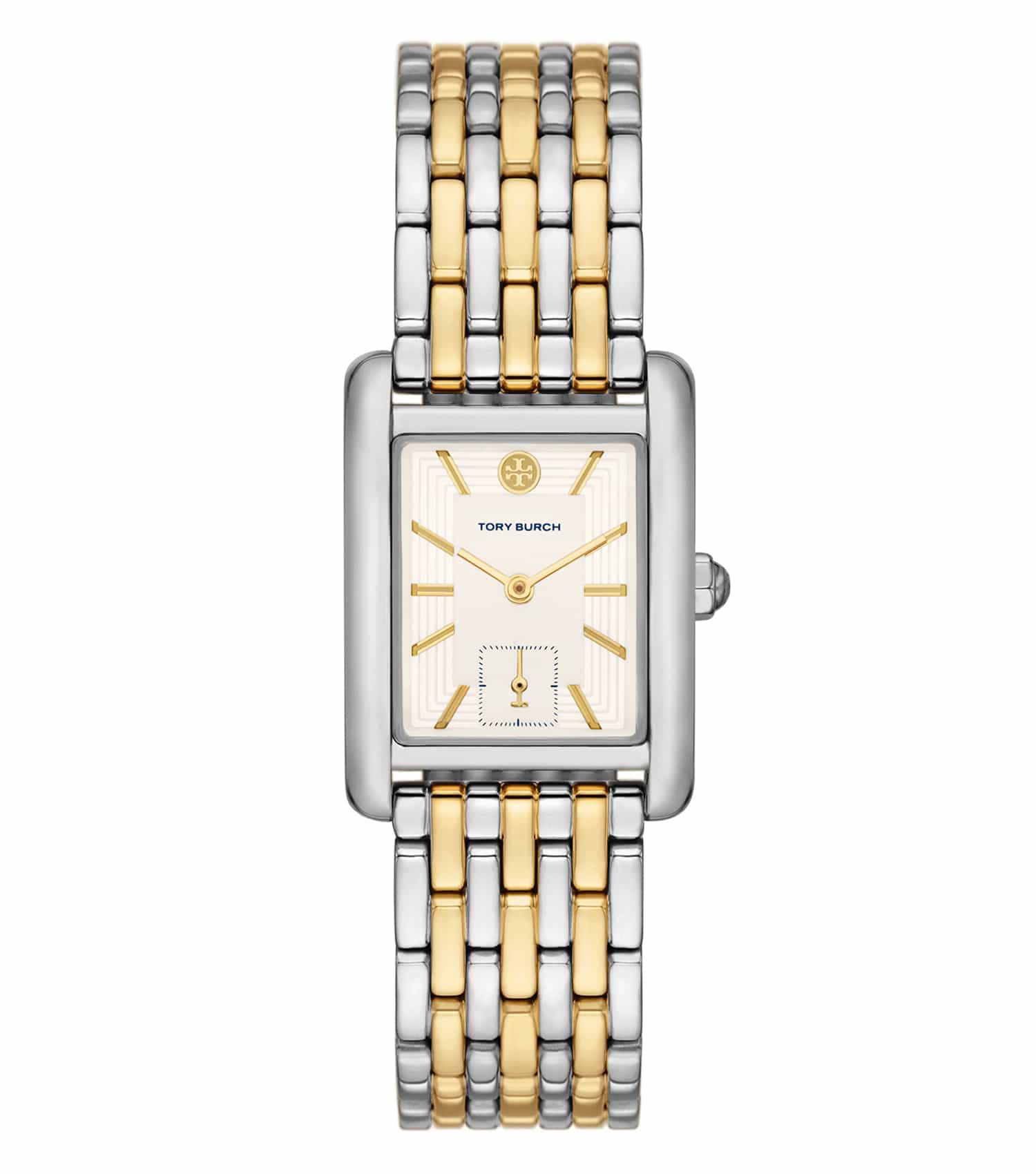 Tory Burch Quartz Watch TBW1070 with a rectangular face, angled view highlighting its sleek gold detailing and elegant design.