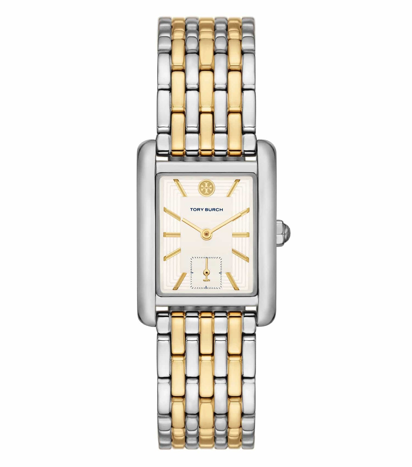 Tory Burch Quartz Watch TBW1070 with a rectangular face, angled view highlighting its sleek gold detailing and elegant design.