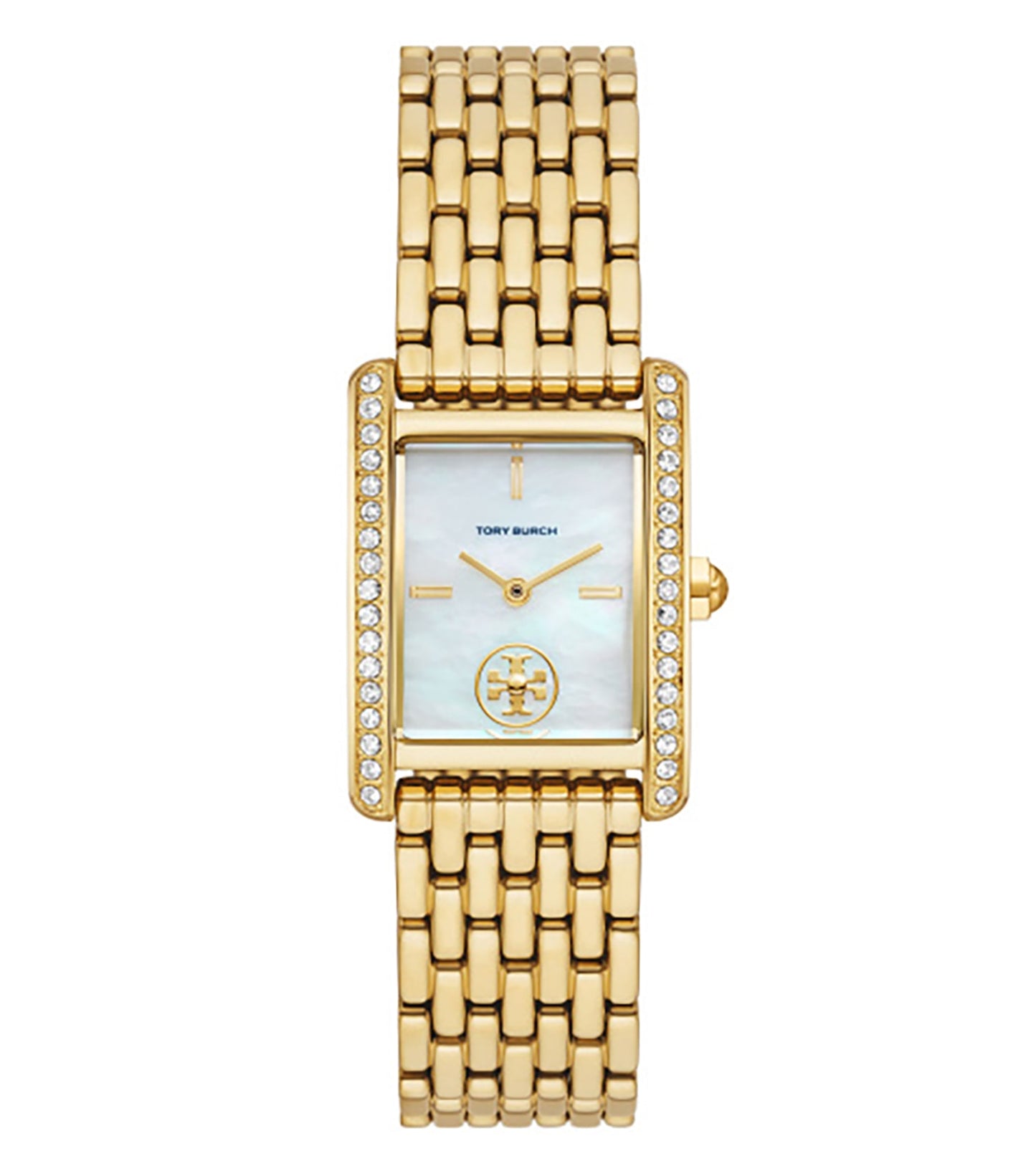 Tory Burch Analog Watch in Gold Tone, Close-up Side Angle View, Elegant Design with Quartz Movement, Stylish Indexes.