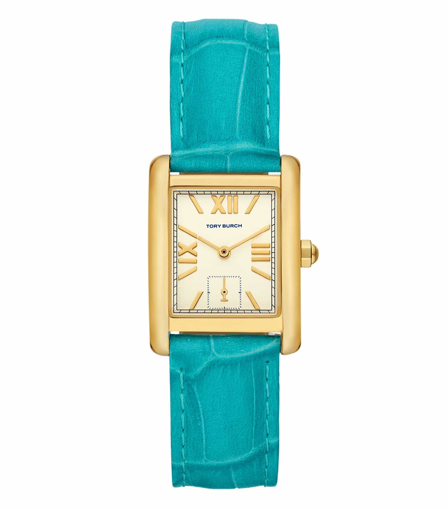 Side view of a stylish Tory Burch watch in quartz color, showcasing exquisite design and elegant details against a neutral backdrop.