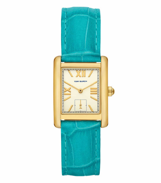 Side view of a stylish Tory Burch watch in quartz color, showcasing exquisite design and elegant details against a neutral backdrop.