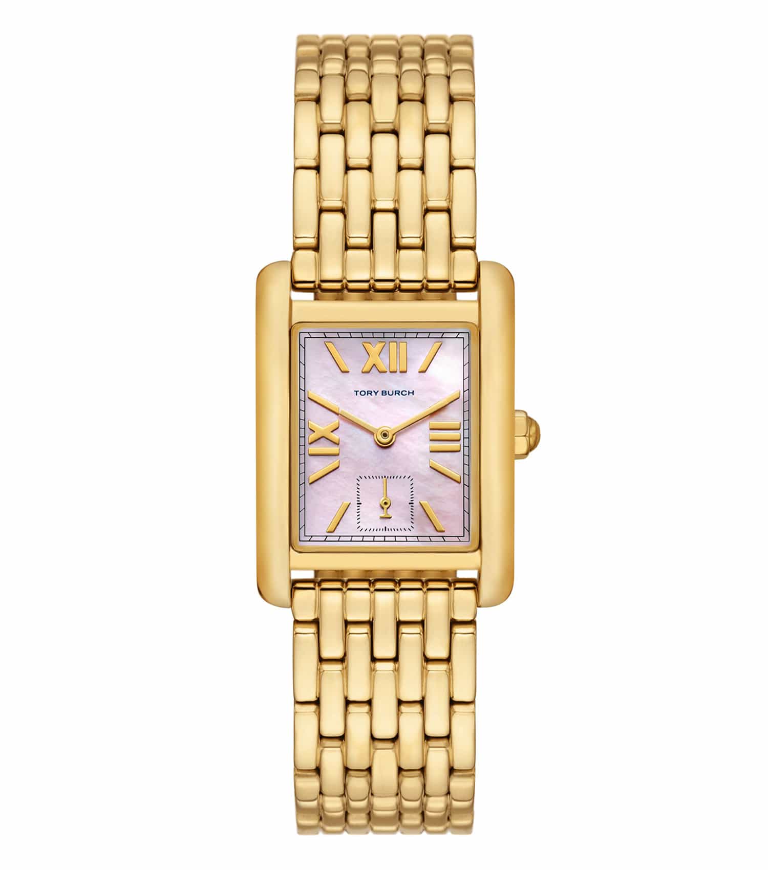 Tory Burch quartz watch, front angle in gold tone, featuring a sleek round face and fashion-forward minimalist design.