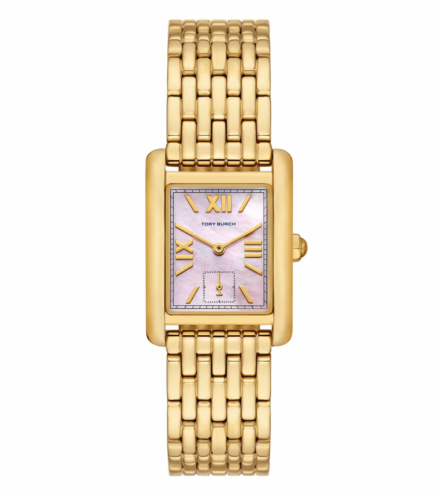 Tory Burch quartz watch, front angle in gold tone, featuring a sleek round face and fashion-forward minimalist design.
