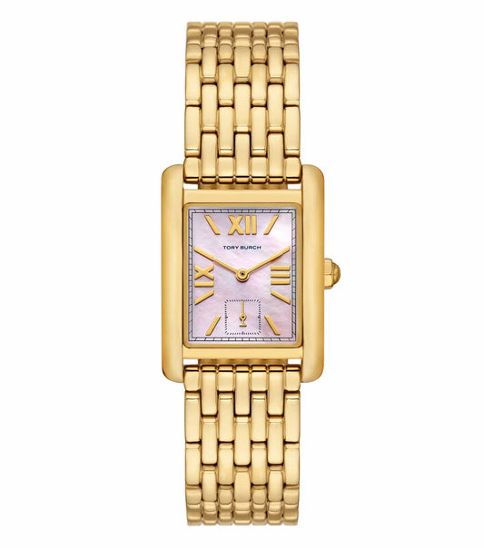 Tory Burch quartz watch, front angle in gold tone, featuring a sleek round face and fashion-forward minimalist design.