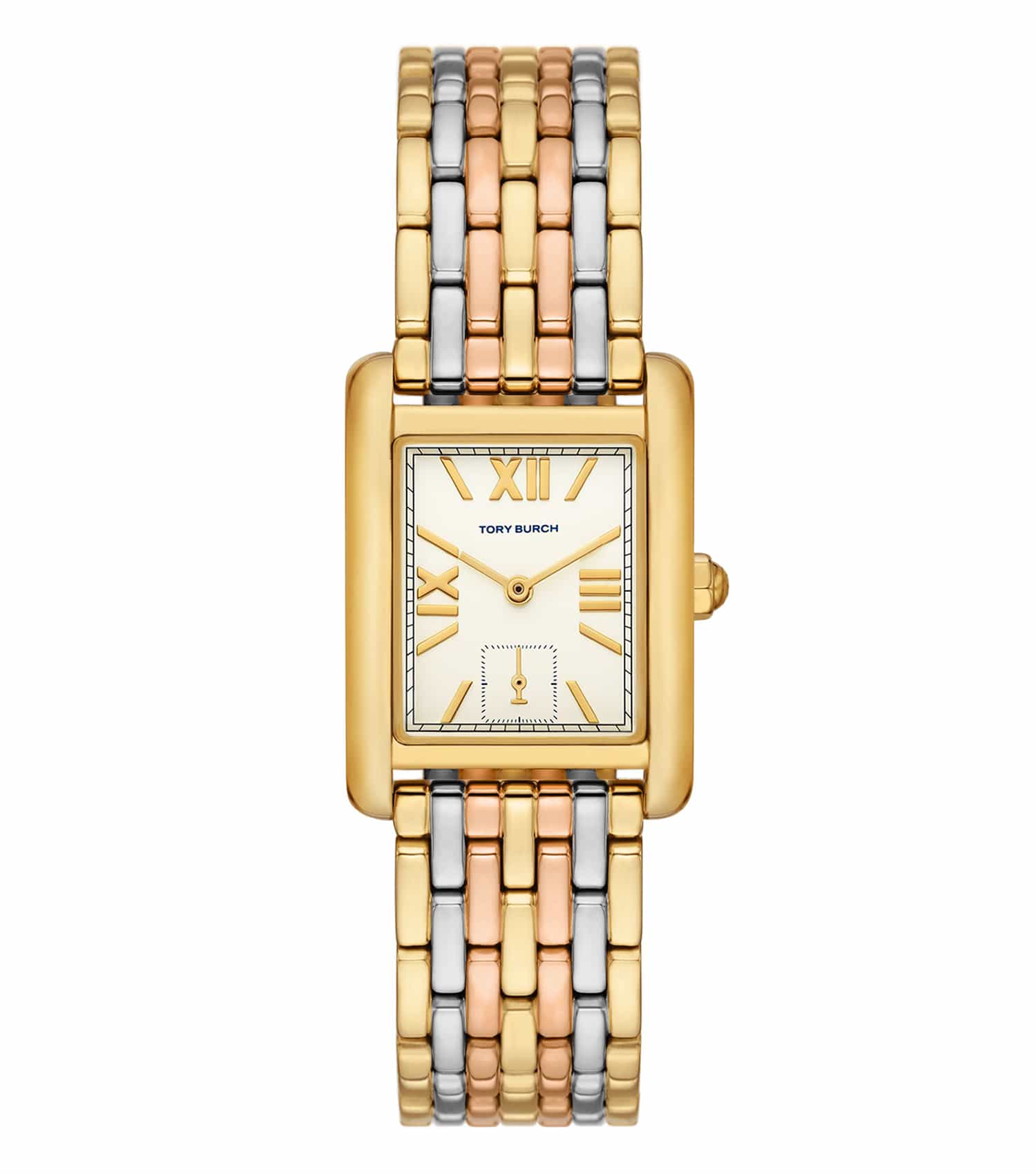 Tory Burch watch in quartz color, elegant round dial, sleek gold-toned bracelet, side angle view; perfect for chic style lovers.