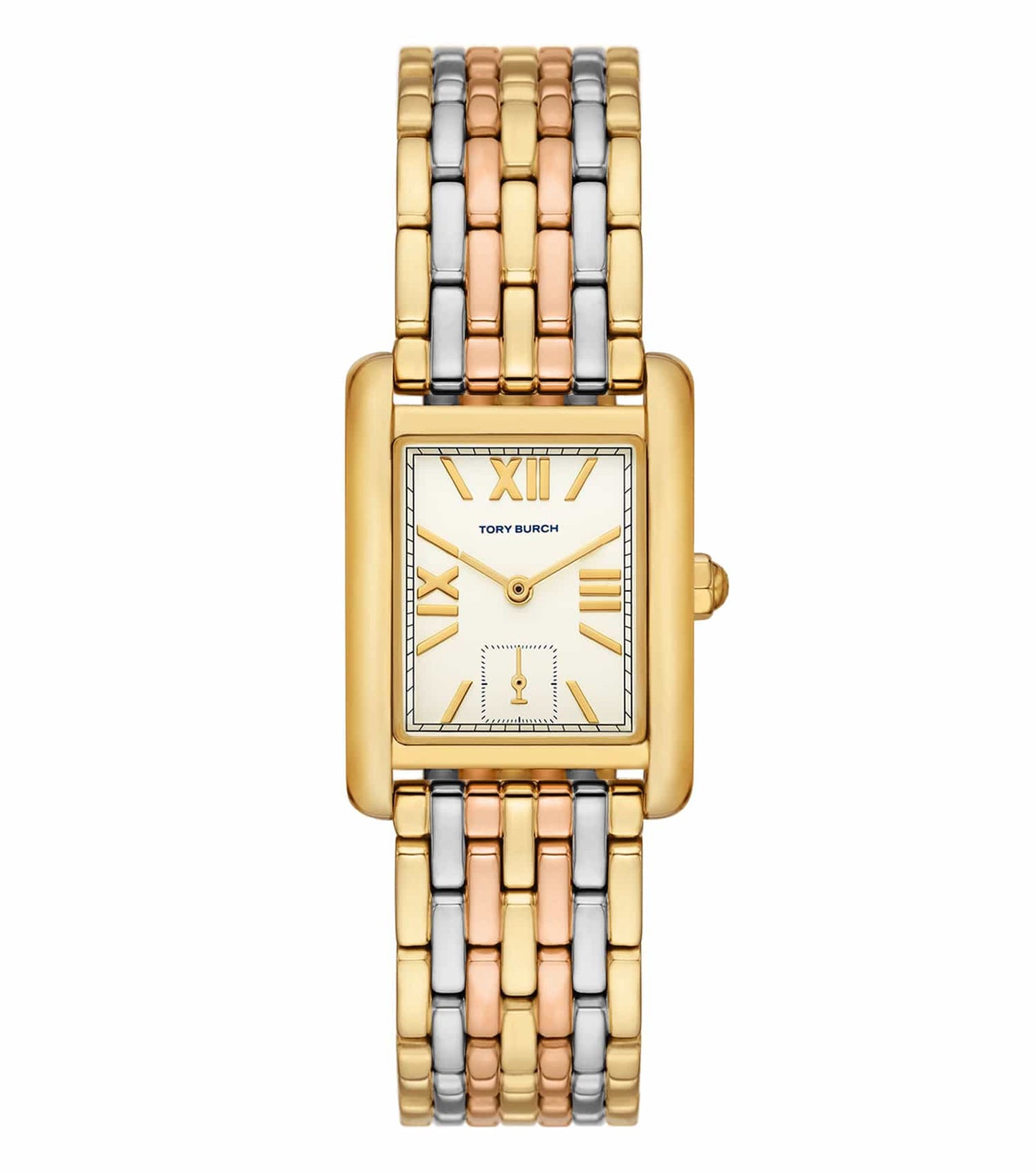 Tory Burch watch in quartz color, elegant round dial, sleek gold-toned bracelet, side angle view; perfect for chic style lovers.