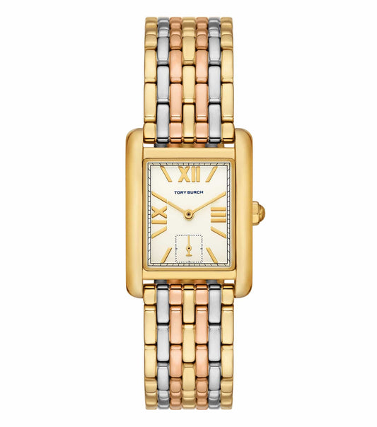 Tory Burch watch in quartz color, elegant round dial, sleek gold-toned bracelet, side angle view; perfect for chic style lovers.