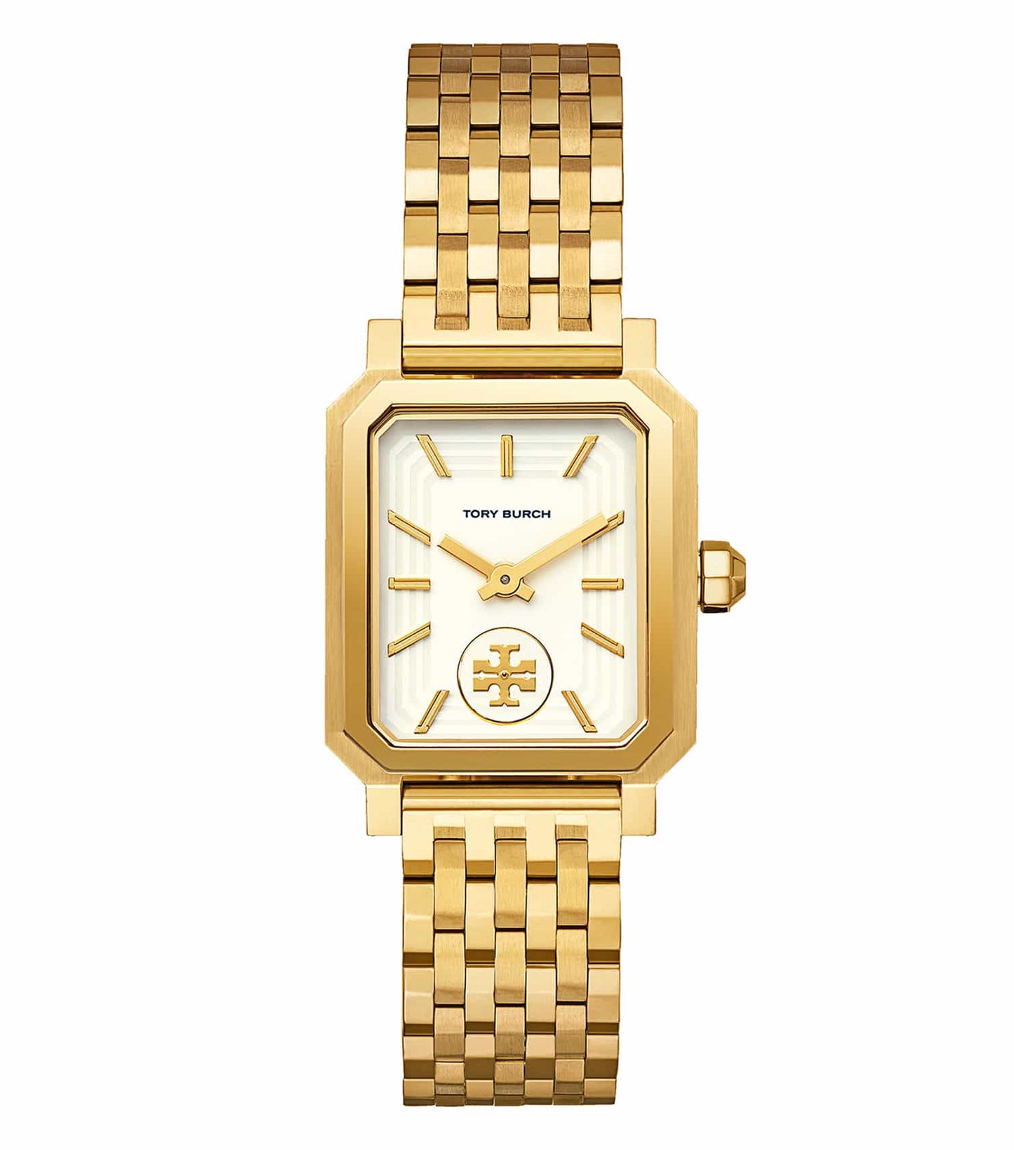 Tory Burch women's quartz watch in gold with white dial and sleek bracelet, angled slightly from the right side view.