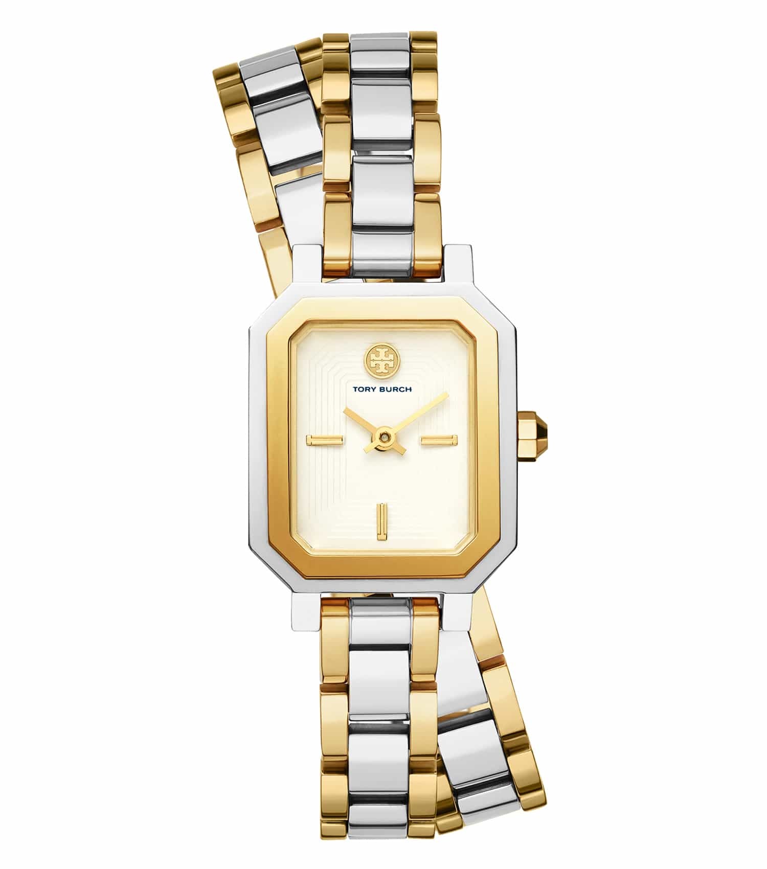 Tory Burch Quartz Watch: front angle view, elegant gold-tone bracelet, sophisticated round face, detailed craftsmanship, luxury timepiece.