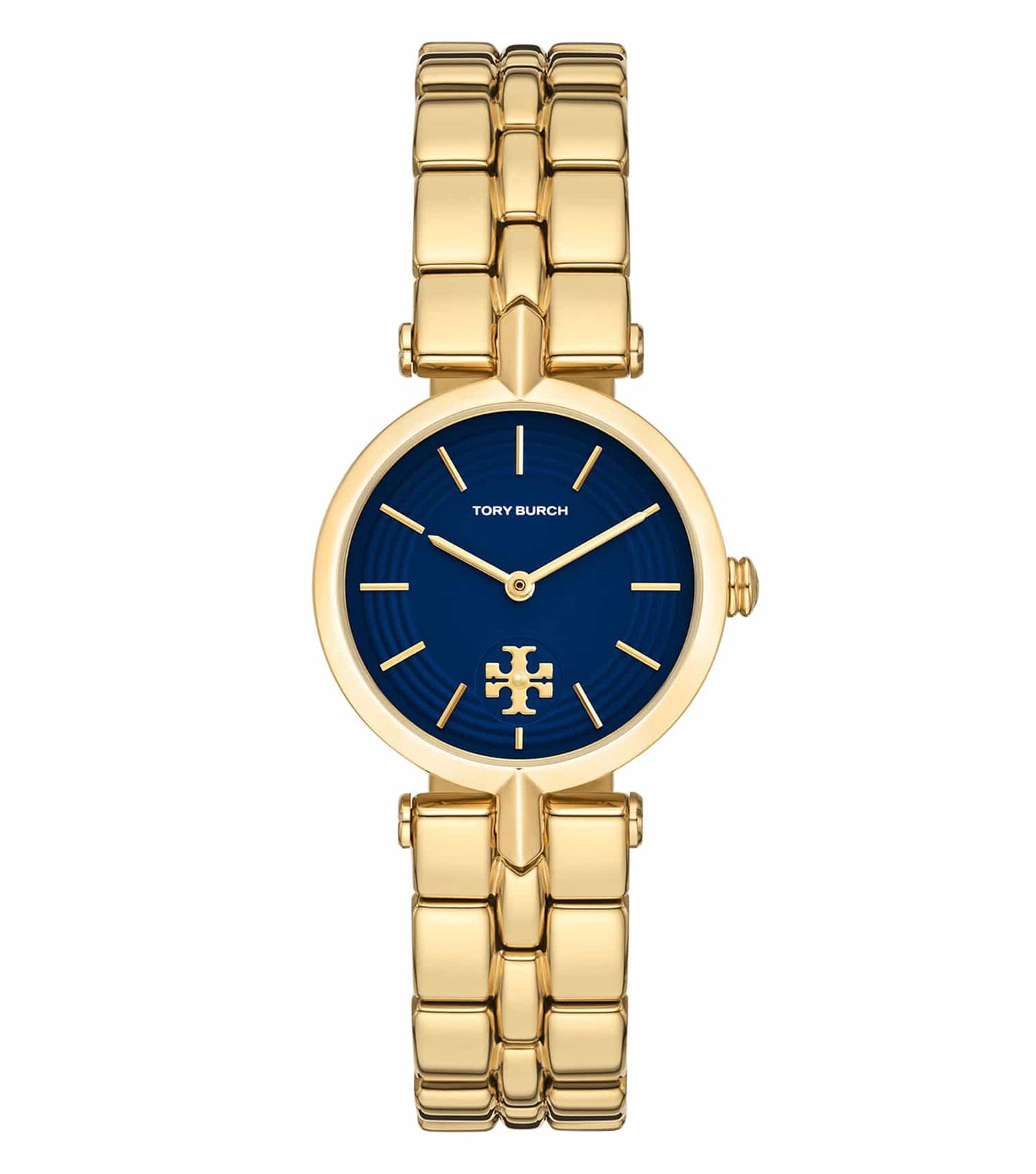 Elegant Tory Burch quartz watch in a subtle gold tone, showcasing a front angle with a sophisticated and timeless design.