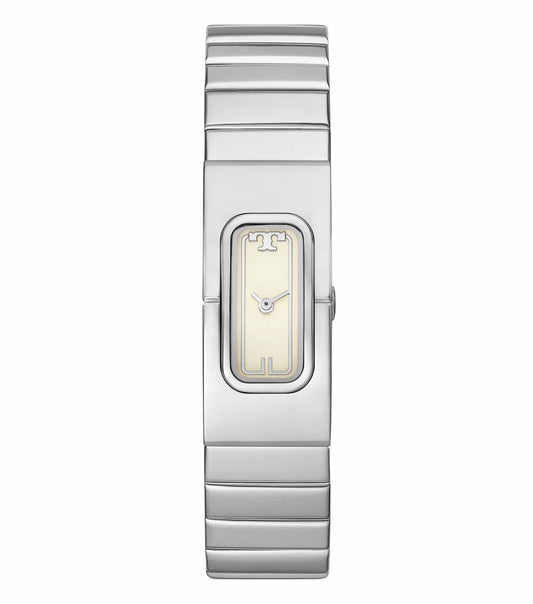 Tory Burch Watch TBW3046 in T color, 3/4 angle view, featuring a round gold dial with bold T logo and sleek link bracelet.