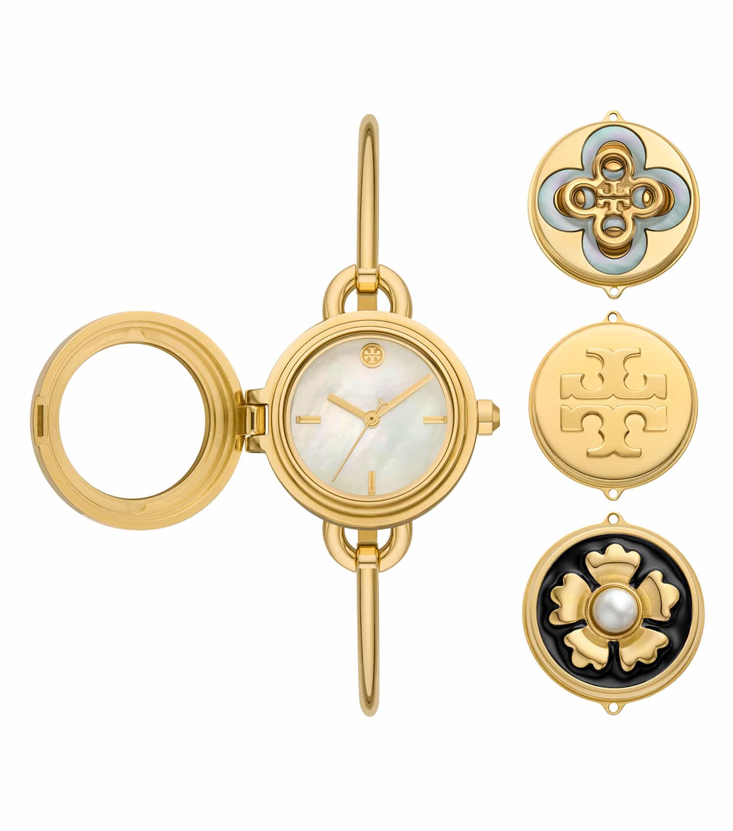 Tory Burch quartz watch in a bold orange color, showcasing a detailed front angle highlighting its elegant design.