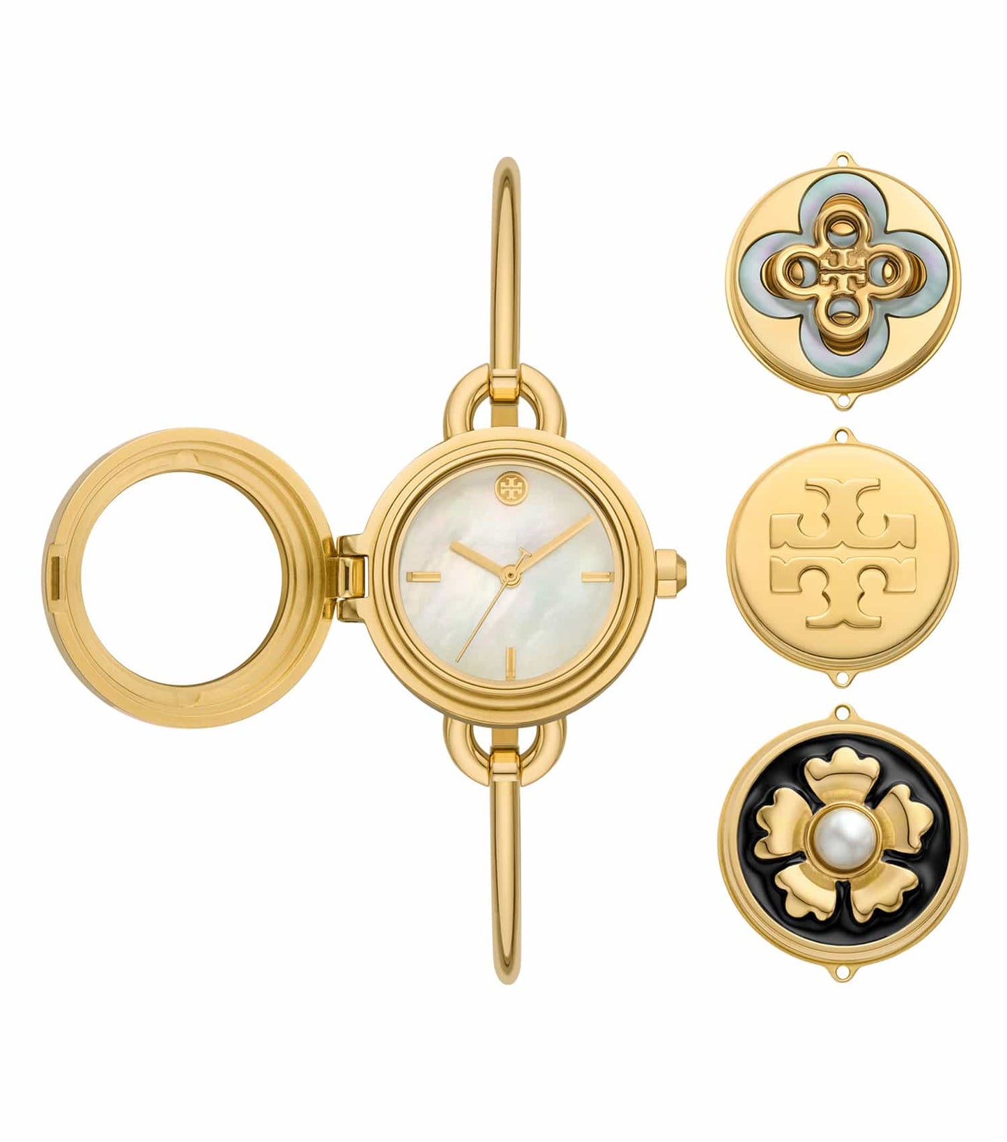 Tory Burch quartz watch in a bold orange color, showcasing a detailed front angle highlighting its elegant design.
