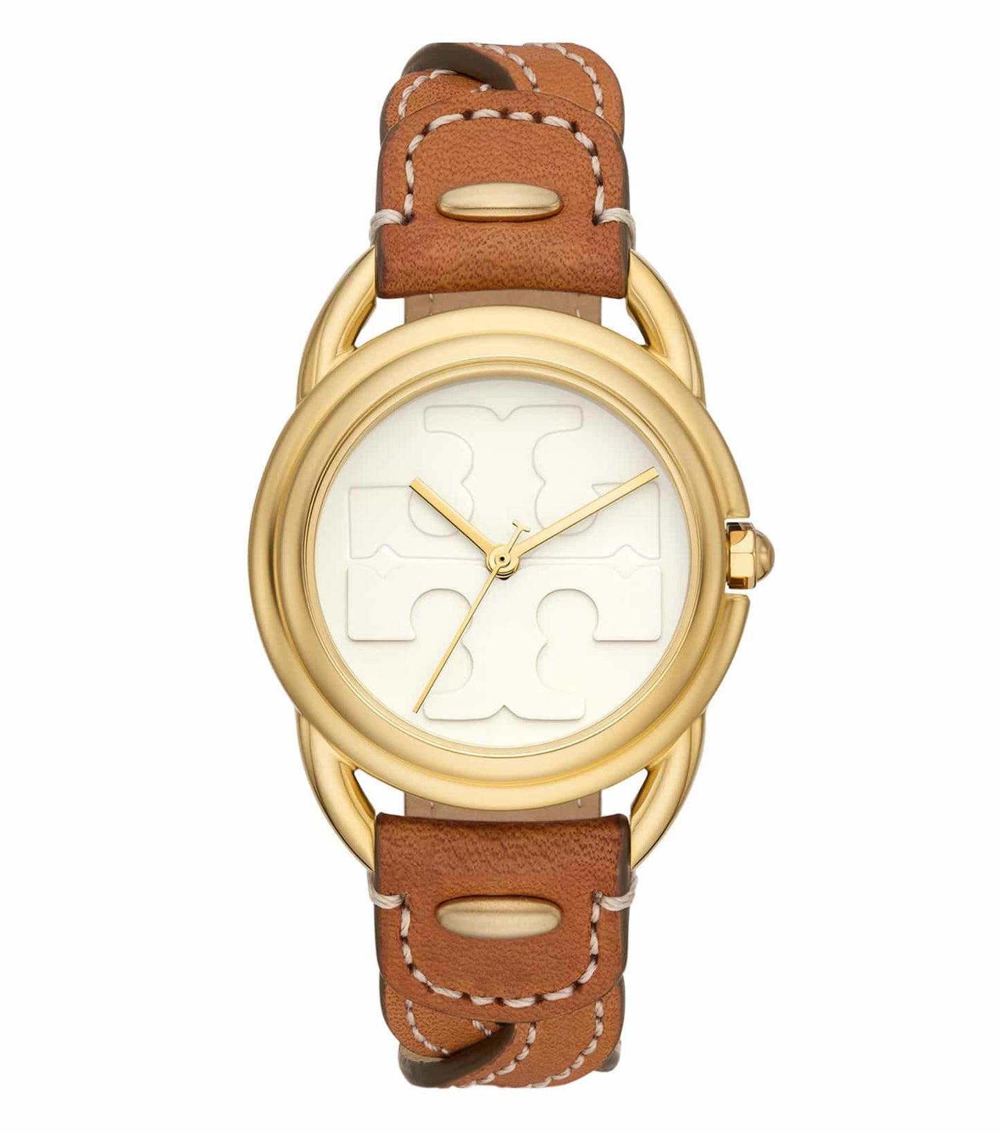 Tory Burch quartz watch with gold accents and elegant beige strap, angled at the dial, displaying sophistication in timepiece design.