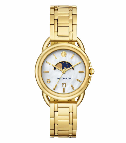 Tory Burch elegant watch with quartz color dial, gold-tone case and strap, displayed at a 45-degree angle, showcasing luxury design.