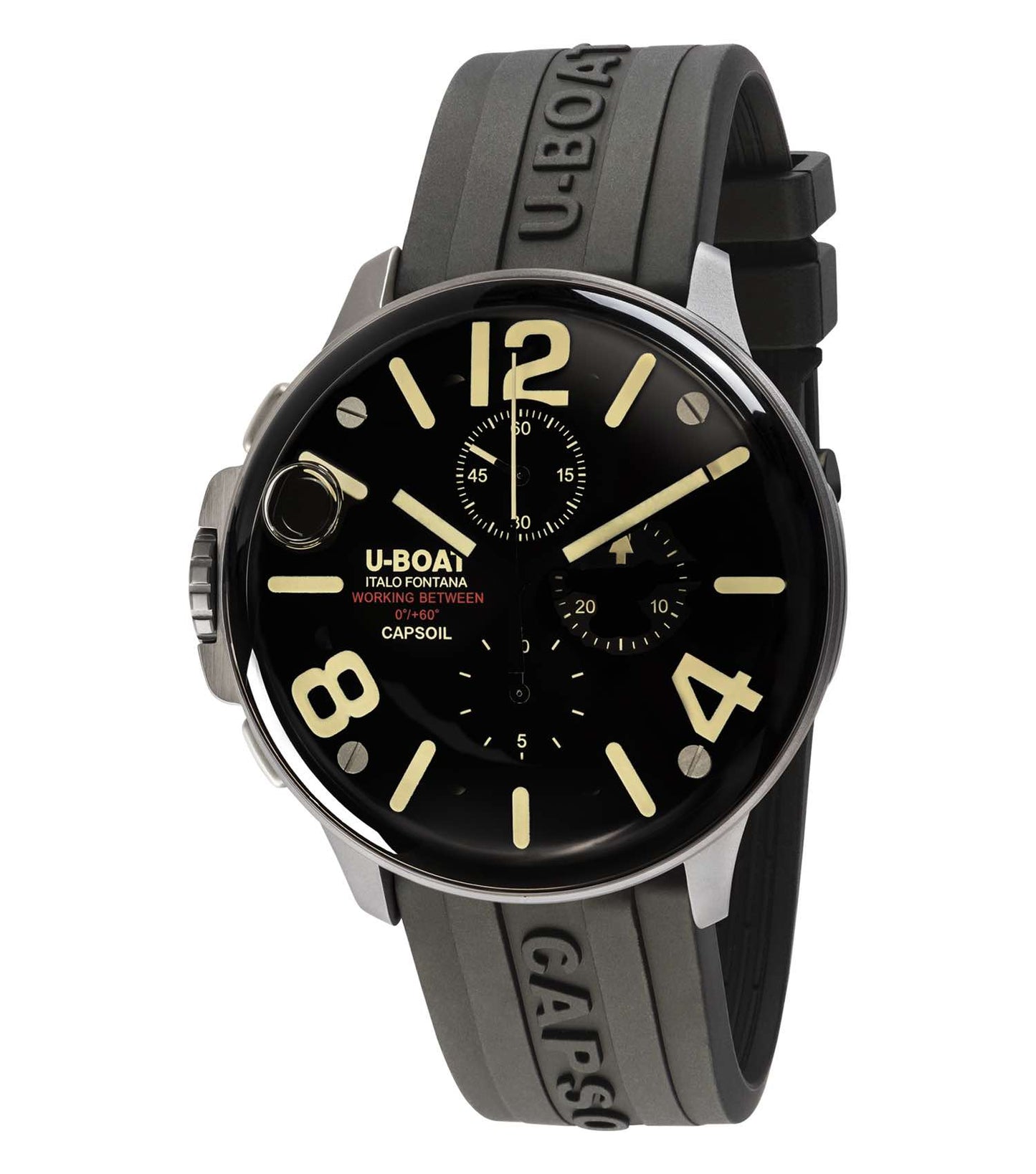 U-Boat silver watch angled gracefully on a dark background with detailed craftsmanship, showcasing elegance and precision.