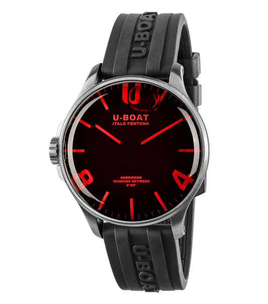 U-Boat red watch, side angle showcasing intricate black dial and bold design elements, ideal for luxury watch enthusiasts.