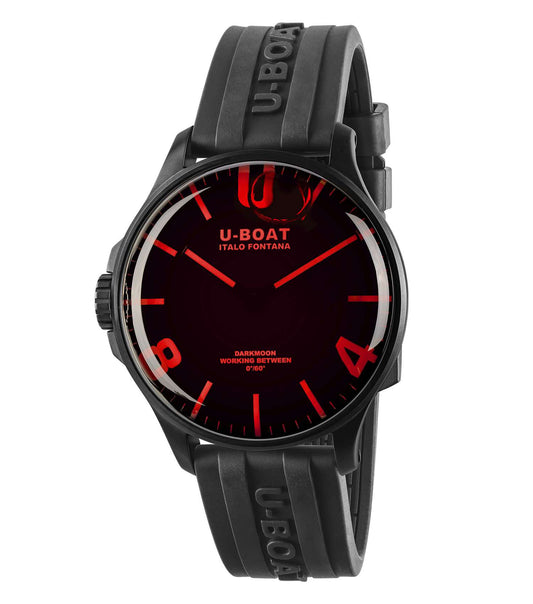 U-Boat red watch with black strap, angled view showcasing bold design, ideal for edgy style enthusiasts.