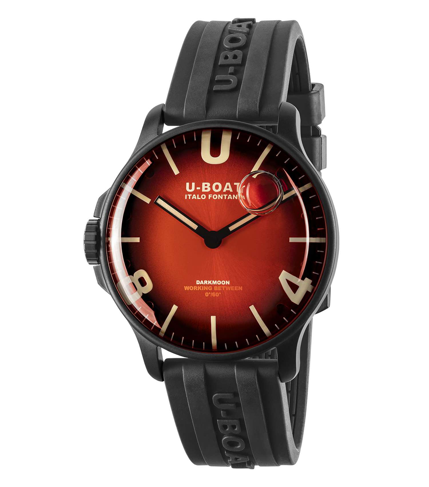 U-Boat coral red watch with a bold black face and easygoing flow, showcasing a side angle view, embodying timeless elegance.