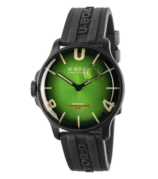 Emerald Green U-Boat watch, angled view showcasing its easygoing flow, robust design, and luxurious detailing.