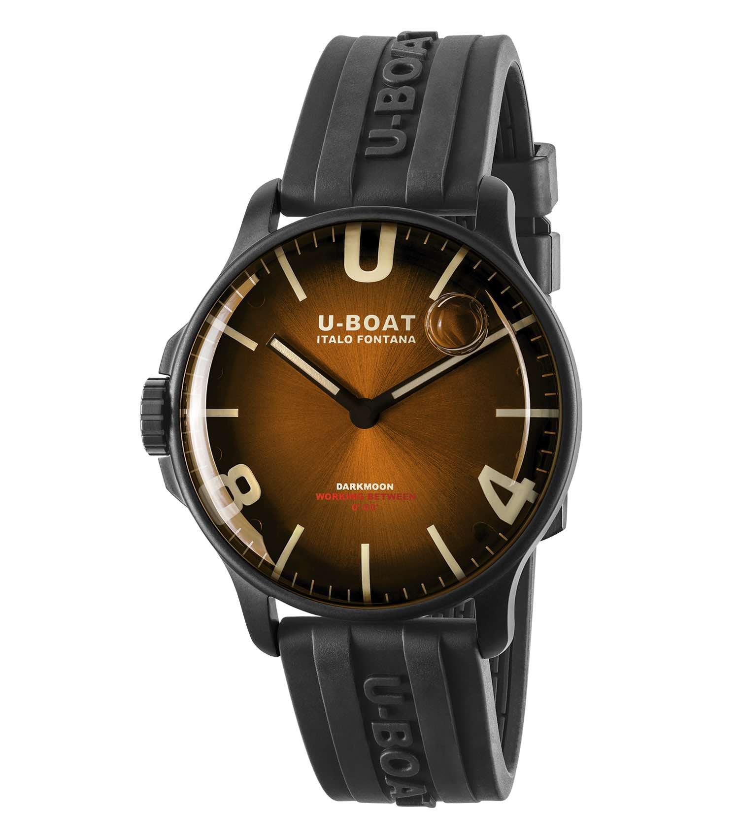 U-Boat watch in Coffee Brown color, stunning side angle showcasing intricate design, premium leather strap, elegant detailing.