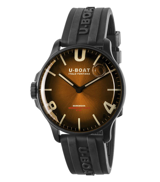 U-Boat watch in Coffee Brown color, stunning side angle showcasing intricate design, premium leather strap, elegant detailing.