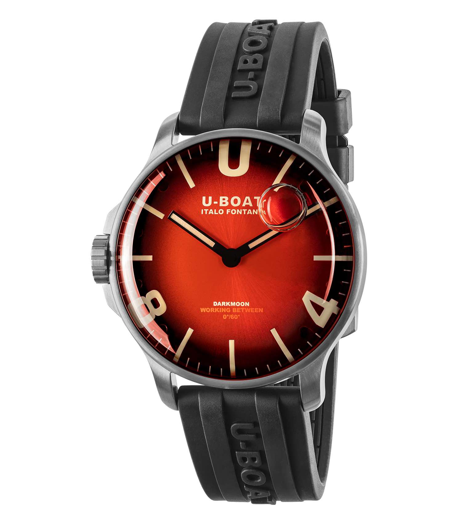 U-Boat watch in striking coral red, side angle revealing bold dial design, sleek bracelet; perfect for watch enthusiasts.
