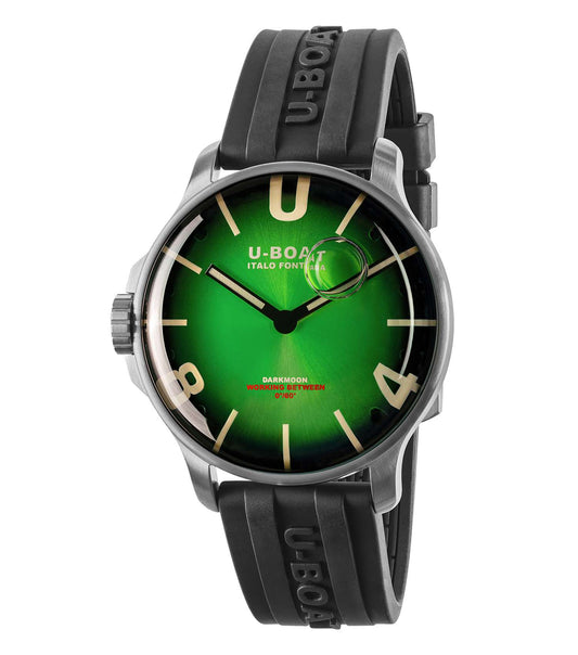 U-Boat green watch, side angle, featuring a bold black strap and intricate dial design, perfect for watch enthusiasts.
