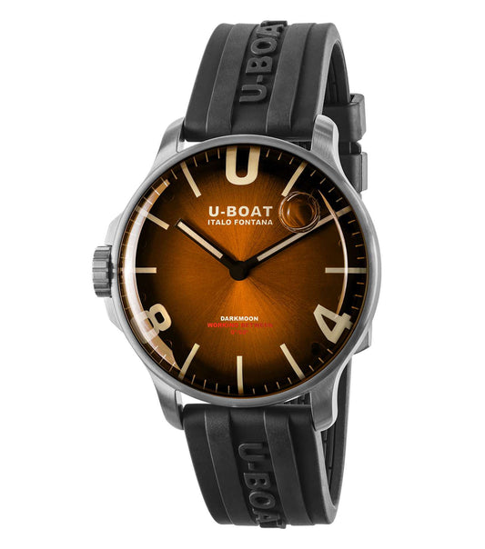 U-Boat Coffee Brown Watch, angled view showcasing elegant details, textured strap, polished case, and signature crown?