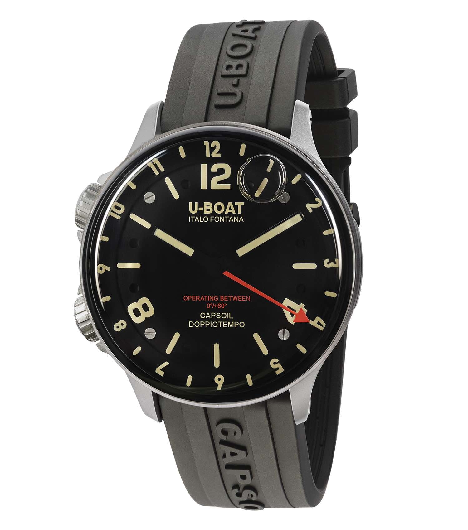 U-Boat black watch, side angle view; sleek matte finish displays tough craftsmanship, perfect for watch enthusiasts seeking style.