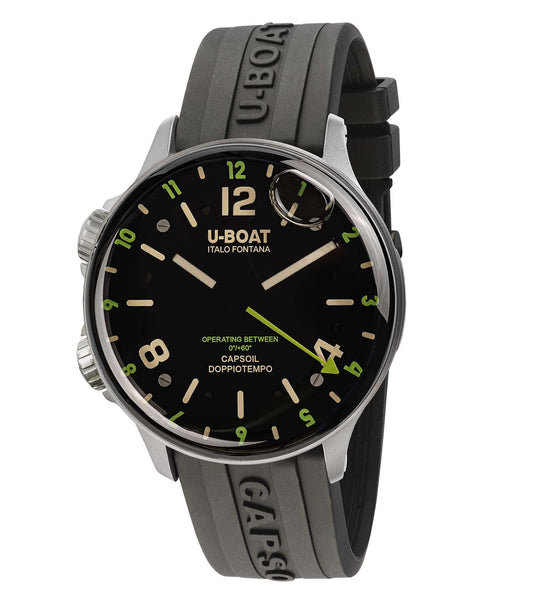 U-Boat green watch with bold black strap, angled slightly for detail; luxurious style with classic design elements.