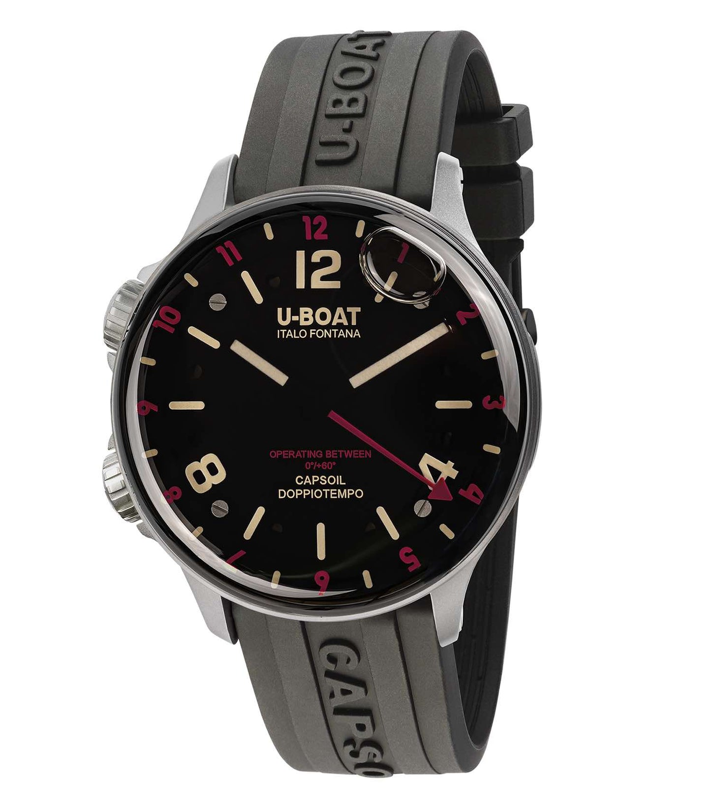 Red U-Boat watch with black strap, prominently displayed at a 45-degree angle, highlighting its intricate design and craftsmanship.