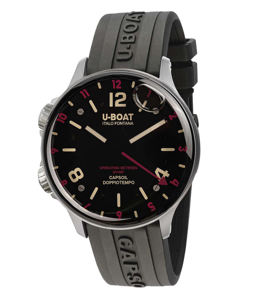 Red U-Boat watch with black strap, prominently displayed at a 45-degree angle, highlighting its intricate design and craftsmanship.
