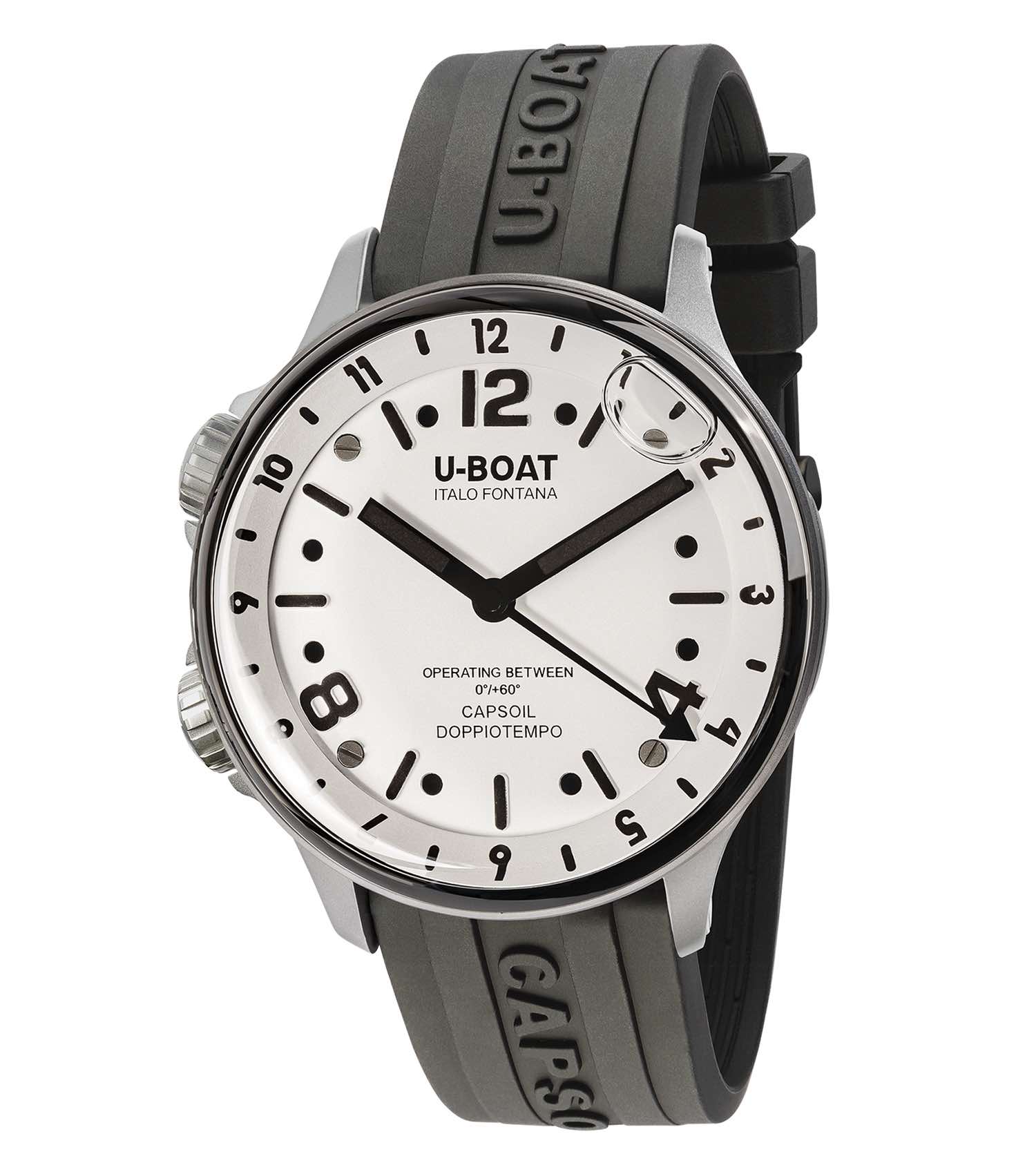 White U-Boat watch, bold black dial, side angle view; intricate details showcase passion for exceptional Italian craftsmanship.