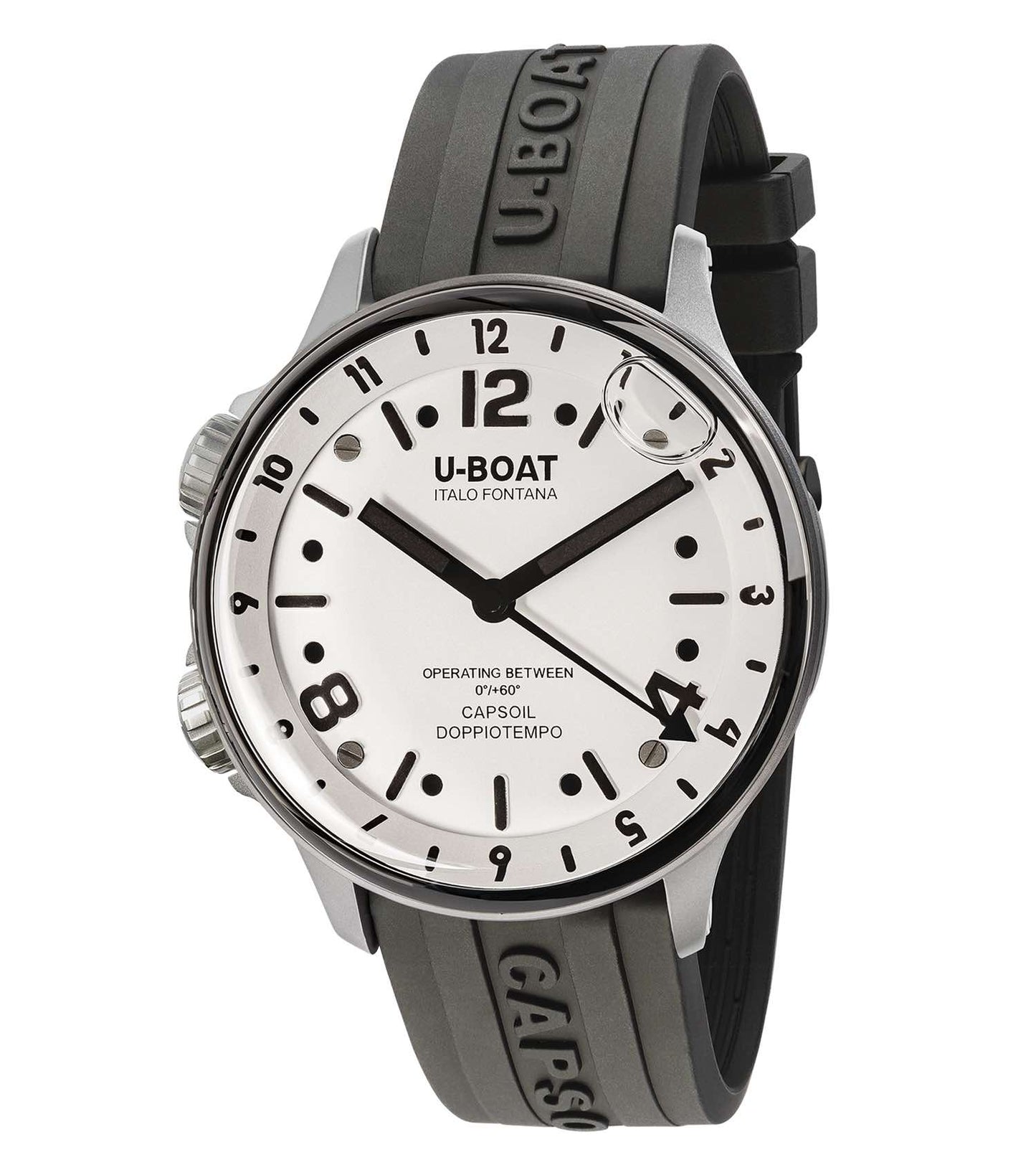 White U-Boat watch, bold black dial, side angle view; intricate details showcase passion for exceptional Italian craftsmanship.