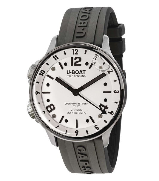 White U-Boat watch, bold black dial, side angle view; intricate details showcase passion for exceptional Italian craftsmanship.