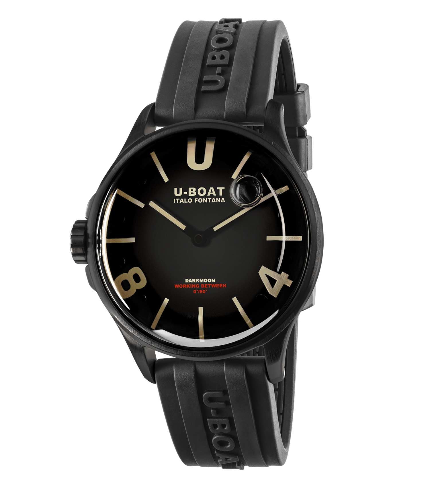 U-Boat black watch with leather strap, side angle view showcasing sleek design, prominent bezel, and bold hour markers.