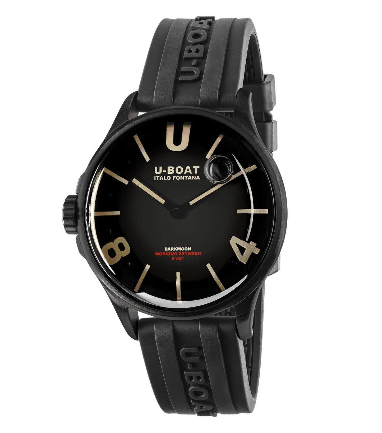 U-Boat black watch with leather strap, side angle view showcasing sleek design, prominent bezel, and bold hour markers.