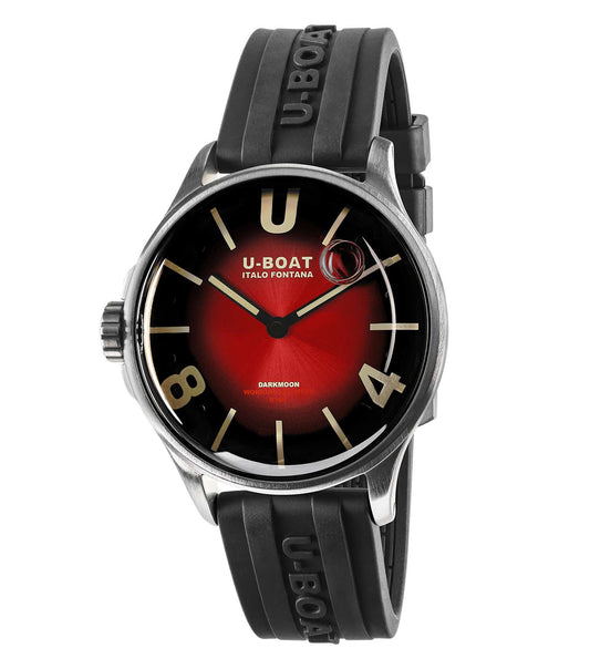 Coral Red U-Boat watch displayed at a classic angle, highlighting its bold color and iconic design, appealing to watch enthusiasts.